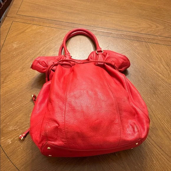 Isaac Mizrahi Live XLG Fire Engine RED 100% Leather Bag Tote Purse gold hardware - Picture 4 of 12